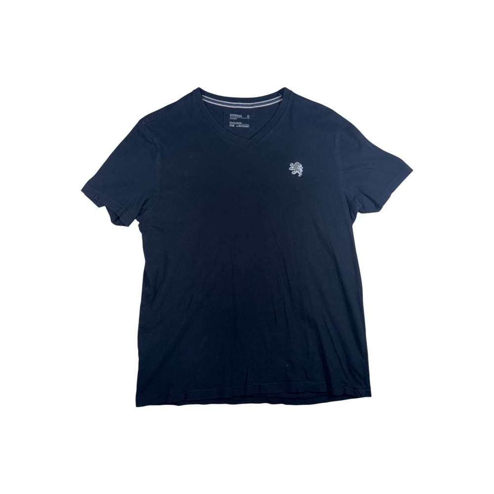 Express Mens V-Neck T-Shirt Navy Blue Embroidered Lion Logo Cotton Jersey Size M